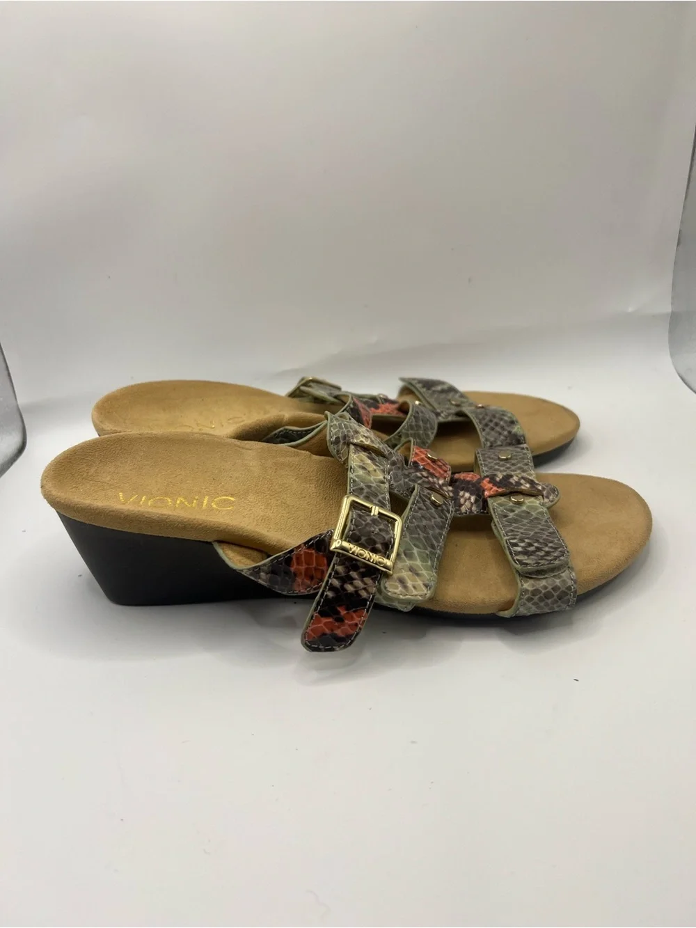 Vionic Women's Multi Snake-Print Wedge Sandals - Neutral with Red Accents